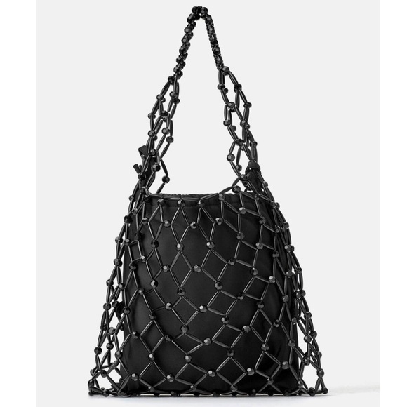 ZARA BLACK WOVEN BEADED PIECES BUCKET SHOULDER BAG - Picture 3 of 15